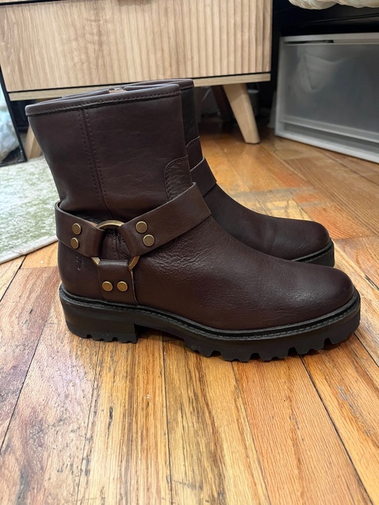 Frye Men Sz 10 Dark Brown Leather Harness Ankle Boots Frye Harness Boots Brown Leather Men 10 D Buckle Rubber USA  main image 4